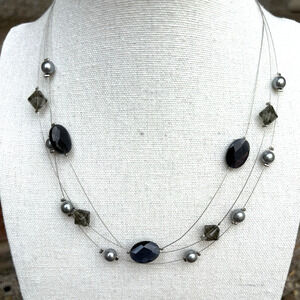 Lia Sophia Necklace Gray Faux Pearl Silver Tone‎ Wire Beaded Floating w/ Box 15"